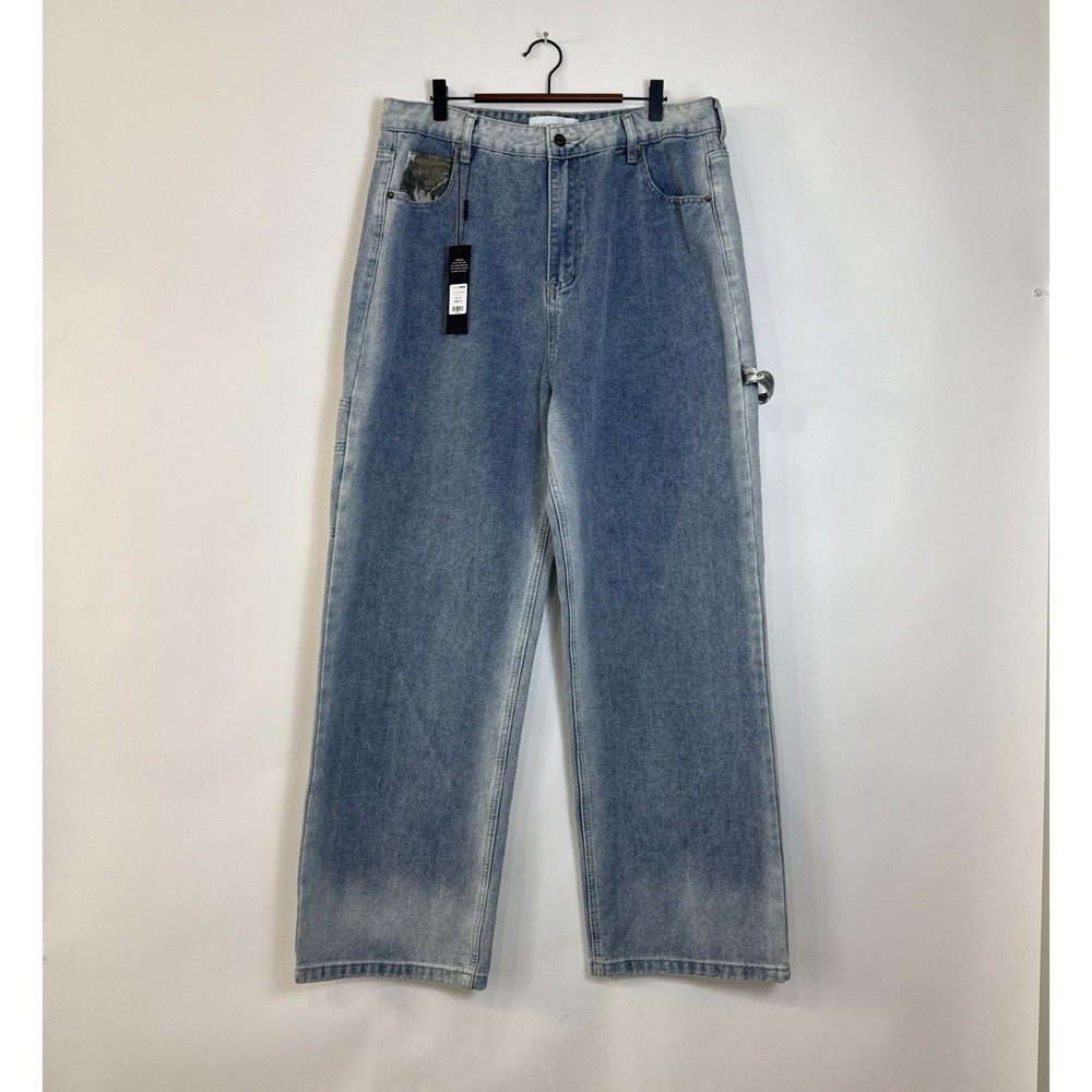 Fashion Nova Utility Carpenter Jeans Size 13 Relaxed Straight High Rise Med Wash